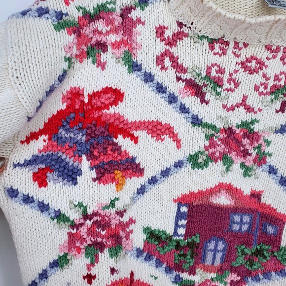 VTG 90s Crystal Kobe Floral Housecore Embroidered Novelty Heavy Knit Sweater L - Picture 3 of 10